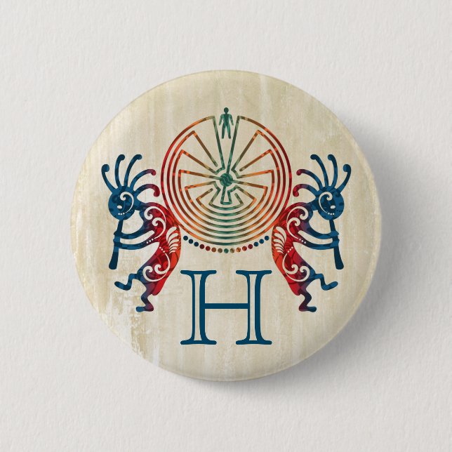 KOKOPELLI / MAN IN THE MAZE + your monogram Pinback Button (Front)