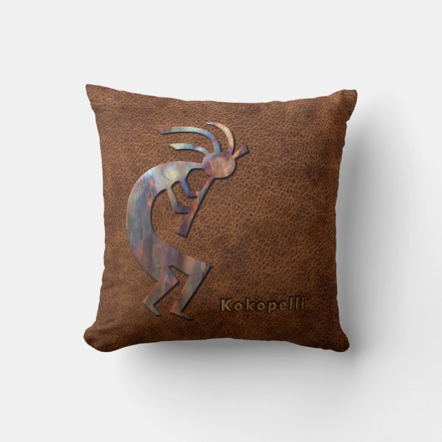 Kokopelli on Embossed Leather Throw Pillow (Front)