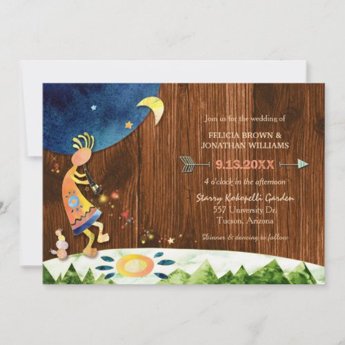 Kokopelli on Rustic Wood Grain Wedding Invitation