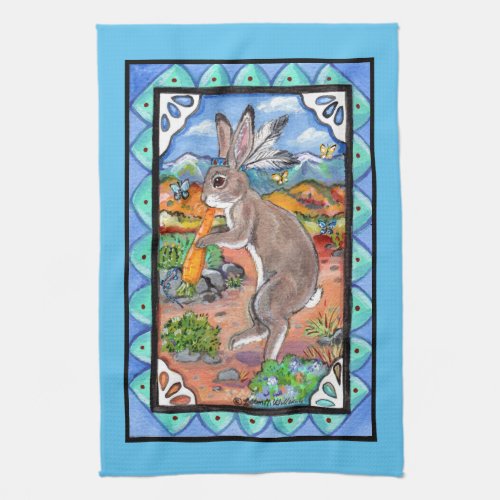 Kokopelli Rabbit Southwest Desert Bunny Turquoise Kitchen Towel
