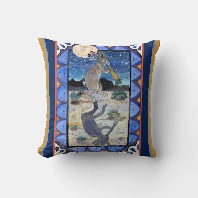 Kokopelli Rabbit Southwest Humor Wildlife Bunny Throw Pillow (Front)