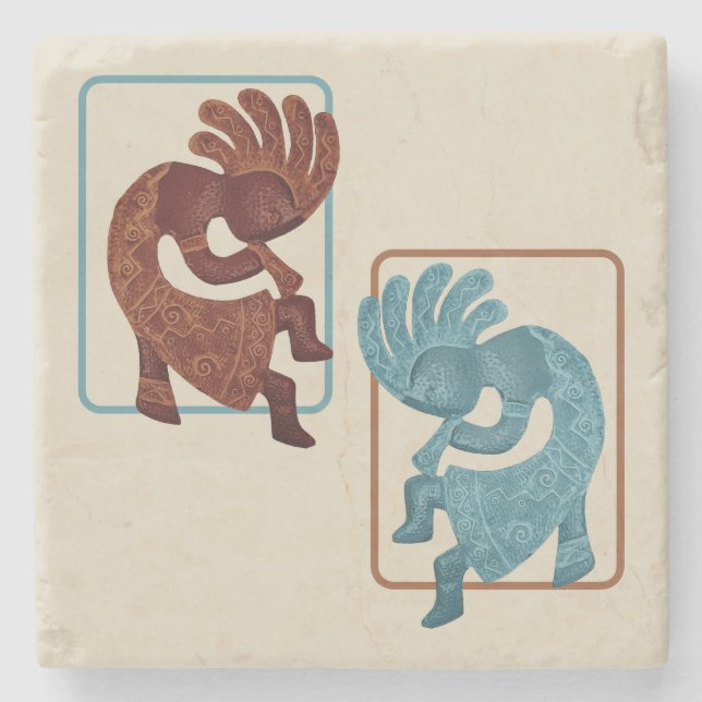 Kokopelli, Rust & Turquoise, Southwestern Stone Coaster (Front)