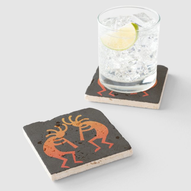 Kokopelli Rustic Southwestern Design Travertine Stone Coaster (Side)