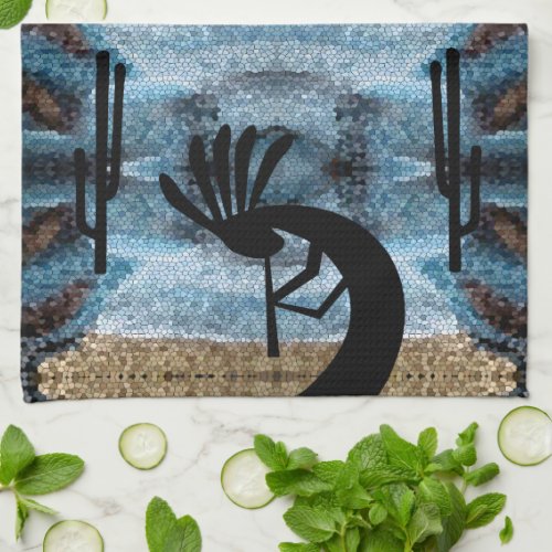 Kokopelli Southwest Desert Blue Mosaic Kitchen Towel