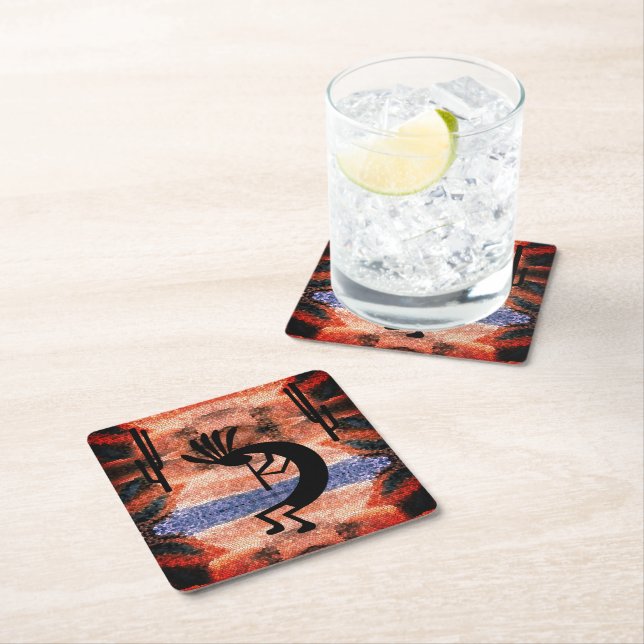 Kokopelli Southwest Desert Landscape Square Paper Coaster (Insitu)