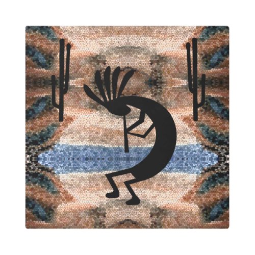 Kokopelli Southwest Desert Mosaic 16 x 16 Metal Print