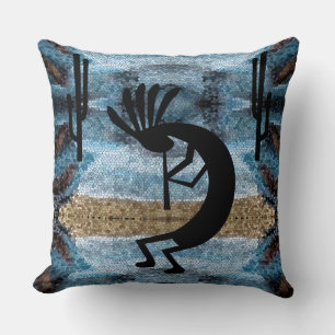 Kokopelli Southwest Desert Mosaic Blue 20" Throw Pillow