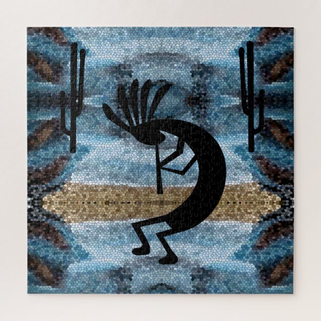 Kokopelli Southwest Desert Mosaic Blue 20" x 20" Jigsaw Puzzle (Vertical)