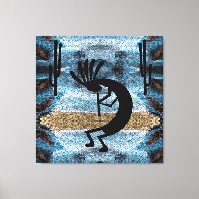 Kokopelli Southwest Desert Mosaic Blue 40 x 40 Canvas Print (Front)