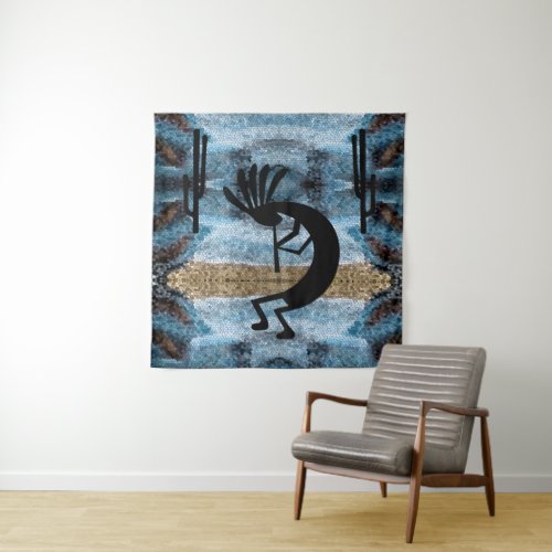 Kokopelli Southwest Desert Mosaic Blue 57 x 57 Tapestry