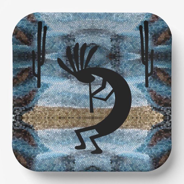 Kokopelli Southwest Desert Mosaic Blue 9" Paper Plates (Front)