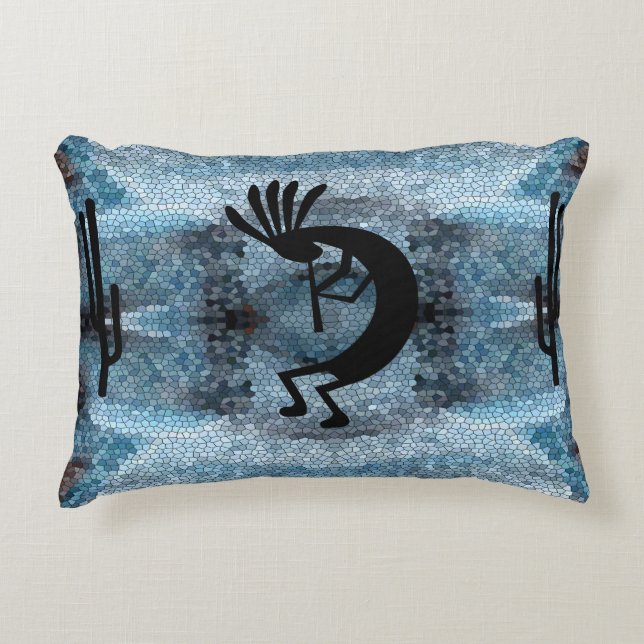 Kokopelli Southwest Desert Mosaic Blue Accent Pillow (Front)