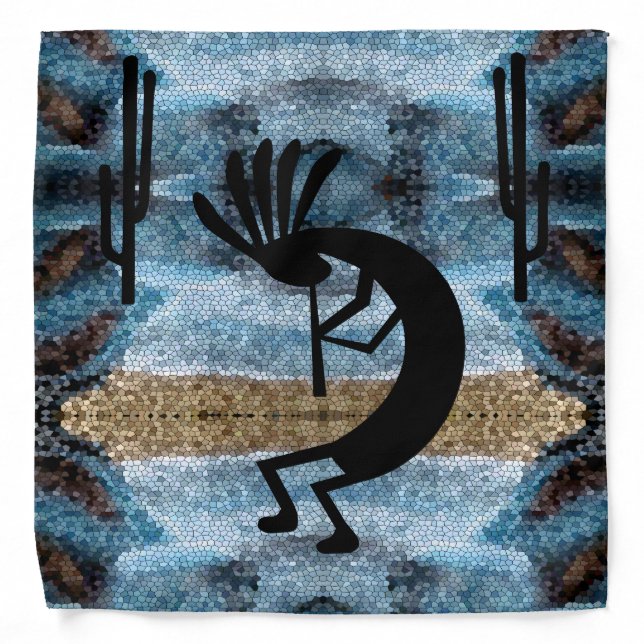 Kokopelli Southwest Desert Mosaic Blue Bandana (Front)
