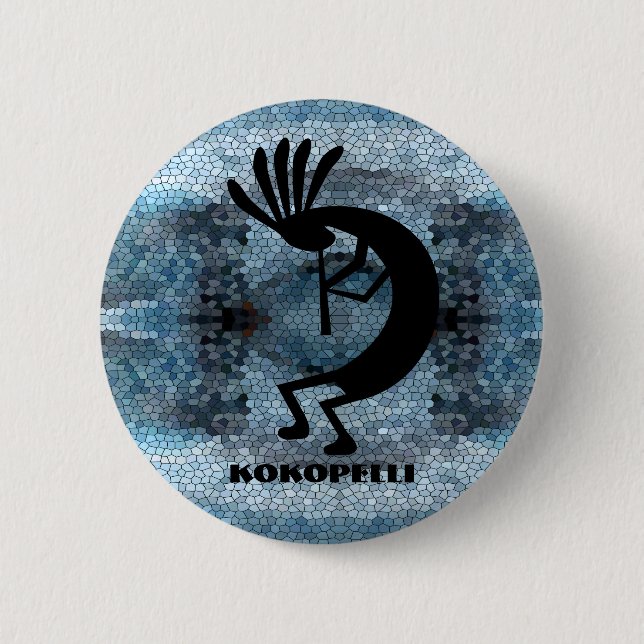 Kokopelli Southwest Desert Mosaic Blue Button (Front)