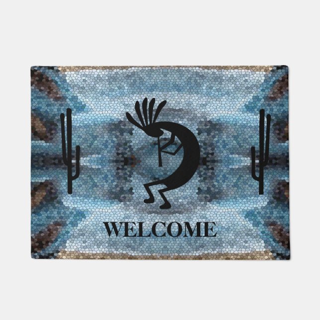 Kokopelli Southwest Desert Mosaic Blue Doormat (Front)