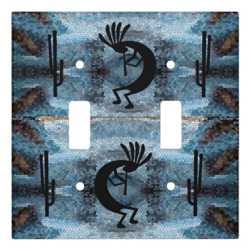 Kokopelli Southwest Desert Mosaic Blue Double Light Switch Cover