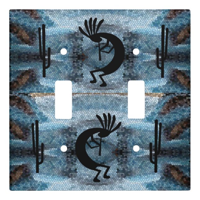 Kokopelli Southwest Desert Mosaic Blue Double Light Switch Cover (Front)