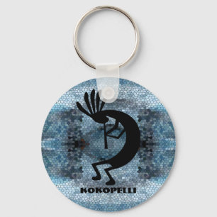 Kokopelli Southwest Desert Mosaic Blue Keychain