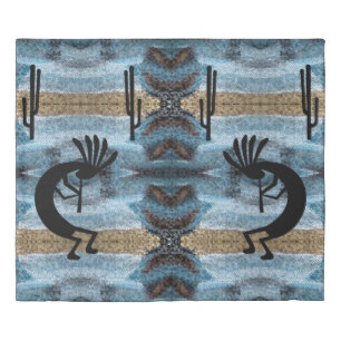 Kokopelli Southwest Desert Mosaic Blue King Duvet Cover