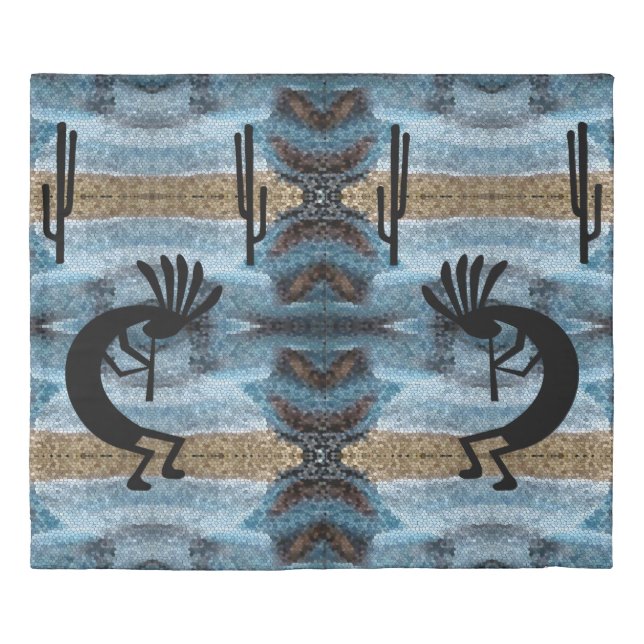 Kokopelli Southwest Desert Mosaic Blue King Duvet Cover (Front)