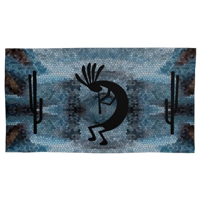 Kokopelli Southwest Desert Mosaic Blue King Pillow Case (Front)
