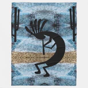 Kokopelli Southwest Desert Mosaic Blue Large Fleece Blanket