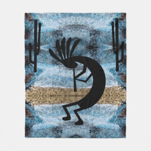 Kokopelli Southwest Desert Mosaic Blue Medium Fleece Blanket