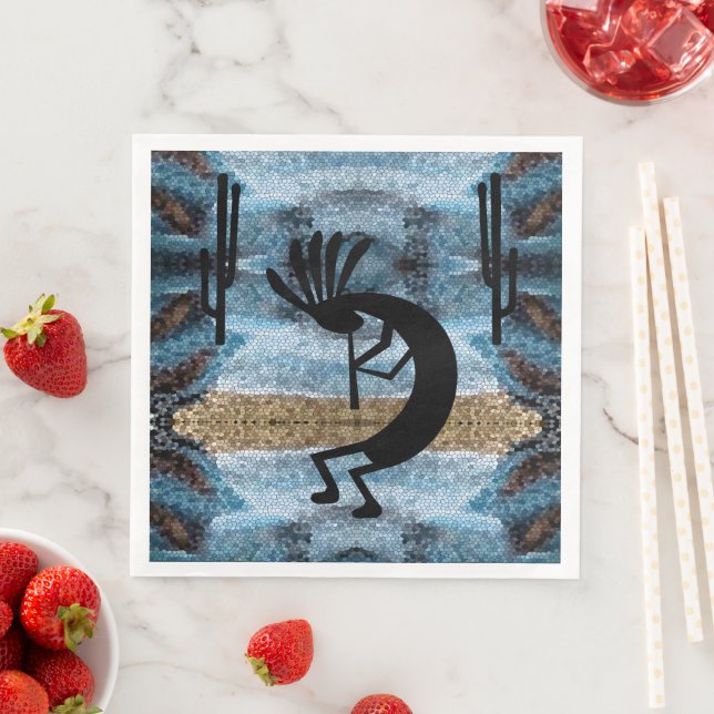 Kokopelli Southwest Desert Mosaic Blue Paper Dinner Napkins (Insitu)