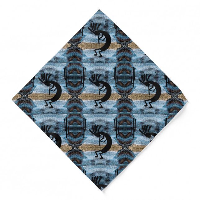 Kokopelli Southwest Desert Mosaic Blue Pattern Bandana (Front)