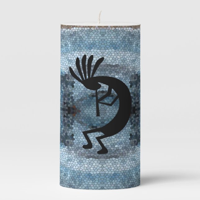 Kokopelli Southwest Desert Mosaic Blue Pillar Candle (Front)