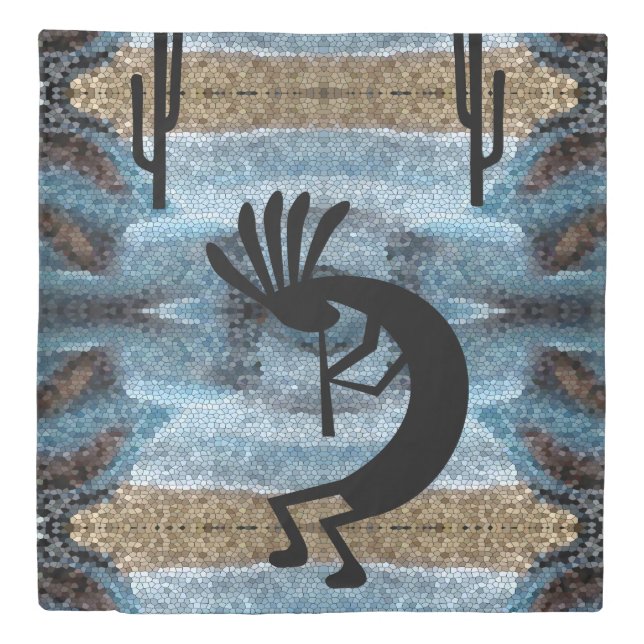 Kokopelli Southwest Desert Mosaic Blue Queen Duvet Cover (Front)