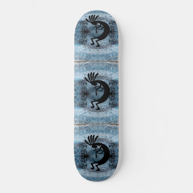 Kokopelli Southwest Desert Mosaic Blue Skateboard (Front)