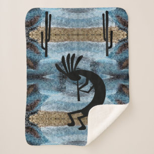 Kokopelli Southwest Desert Mosaic Blue Small Sherpa Blanket