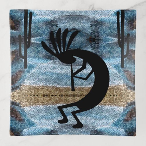 Kokopelli Southwest Desert Mosaic Blue sq Trinket Tray