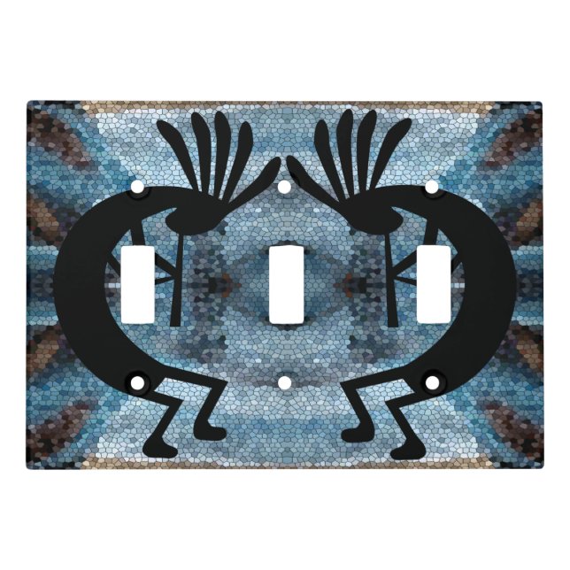 Kokopelli Southwest Desert Mosaic Blue Triple Light Switch Cover (Front)