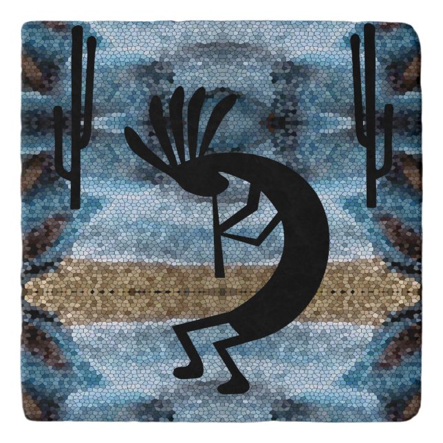 Kokopelli Southwest Desert Mosaic Blue Trivet (Front)