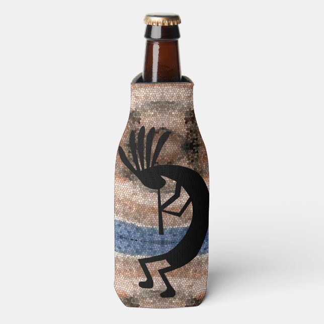Kokopelli Southwest Desert Mosaic Brown Bottle Cooler (Bottle Front)
