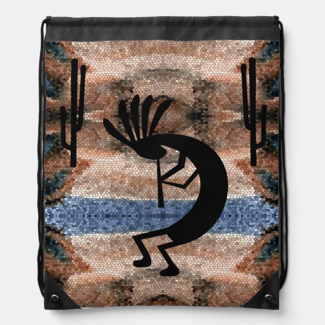 Kokopelli Southwest Desert Mosaic Drawstring Bag (Front)