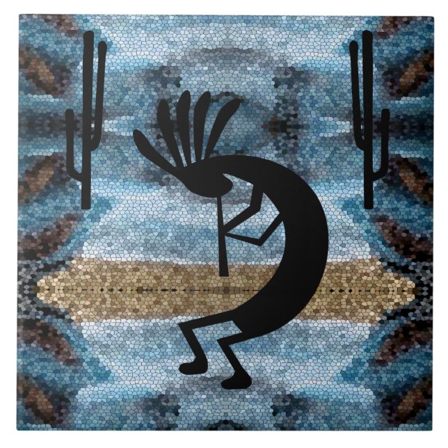 Kokopelli Southwest Desert Mosaic L Blue Ceramic Tile (Front)