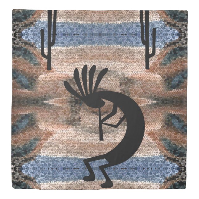 Kokopelli Southwest Desert Mosaic Queen Duvet Cover (Front)