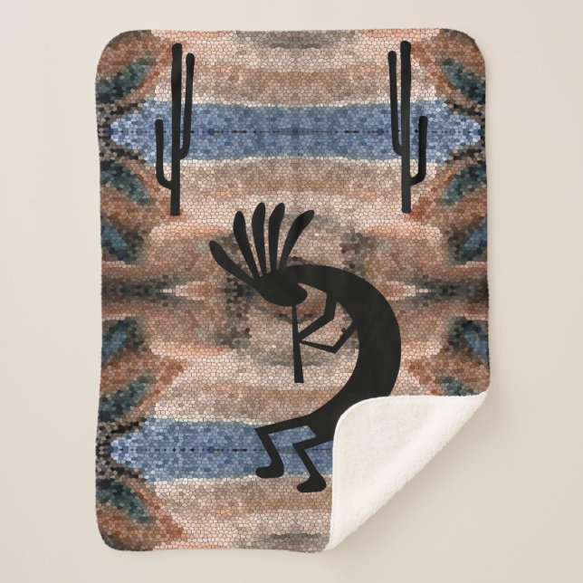 Kokopelli Southwest Desert Mosaic Small Sherpa Blanket (Front)