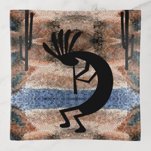 Kokopelli Southwest Desert Mosaic sq Trinket Tray