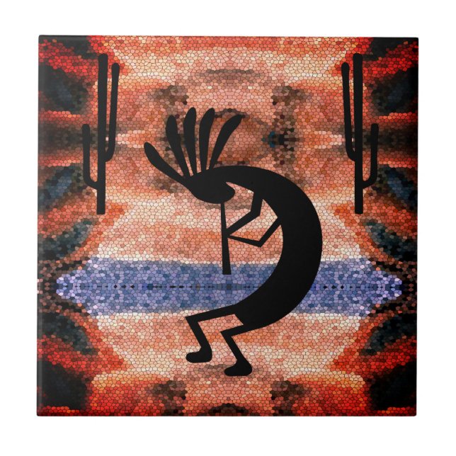 Kokopelli Southwest Desert Mosaic Sunset Ceramic T Ceramic Tile (Front)