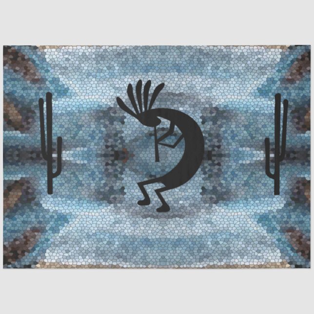 Kokopelli Southwest Desert Mosaic Teal Decoupage Tissue Paper (Front)