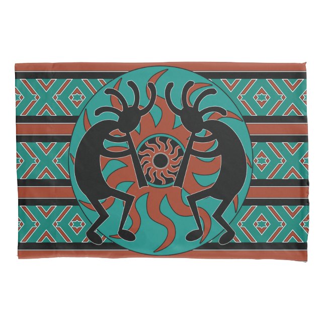 Kokopelli Southwest Design Turquoise Pillow Case (Front)