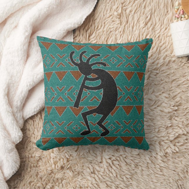 Kokopelli Southwest Turquoise Decorative Throw Pillow (Blanket)