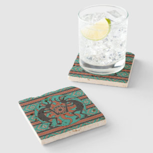 Kokopelli Southwest Turquoise Rustic Stone Coaster