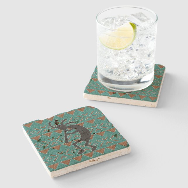 Kokopelli Southwest Turquoise Rustic Travertine Stone Coaster (Side)