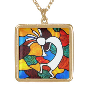 Kokopelli Stained Glass Gold Plated Necklace