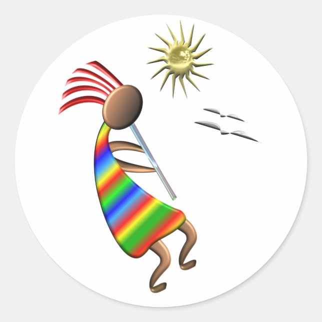 Kokopelli Sun and Birds Classic Round Sticker (Front)